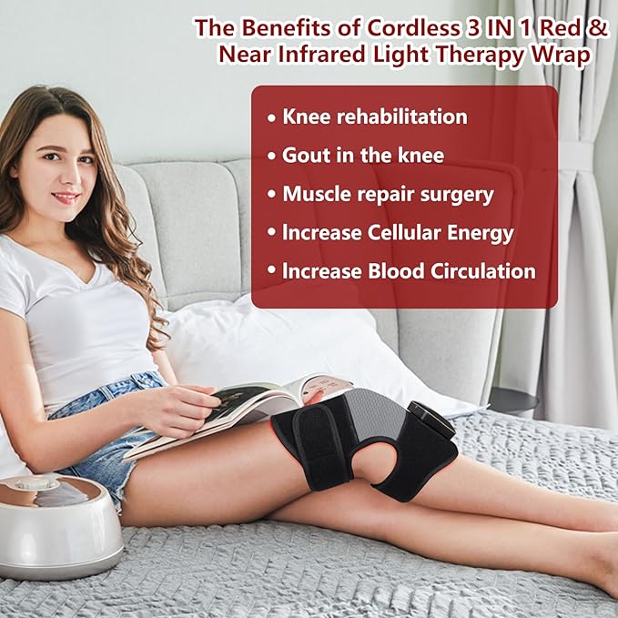 DGQY Cordless Red Light Therapy for Knee Joint Warp Portable Infrared Light Device for Knee Elbow Pain Muscle Relief Recovery 660nm and 850nm Heated Therapy with Wireless Rechargeable Controller