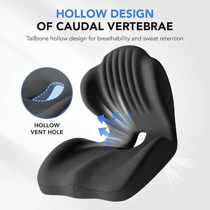 Ergonomic Waist Support and seat Cushion, 2-in-1 Memory Foam pad, Hollow Design for The Coccyx, Suitable for Office Chairs, car Safety Seats and Household use - relieves Lower Back and Hip Pain Black