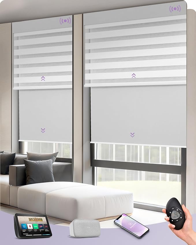 Graywind Smart Dual Shades Compatible with Alexa Google Homepod Motorized Double Zebra Blinds Matter Solar Powered, Custom Size (White)