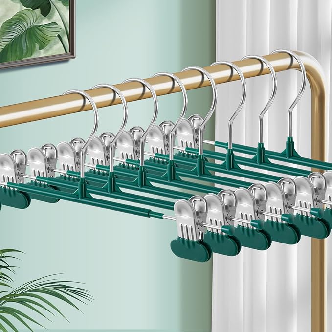 Clothes Pants Hangers with Wide Clips 20 Pack,Non-Slip Adjustable Skirt Hanger for Women,Space-Saving Heavy Duty Men Hangers for Pants,Trousers,Jeans,Shorts 12Inch Green