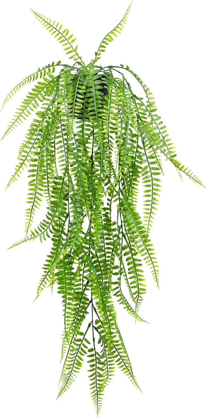 Fake Hanging Plant with Pot, Artificial Potted Fern Plant, 28.7-In Long Faux ivy Vine for Shelf Home Office Indoor Outdoor Garden Greenery Decor (Black Pot)