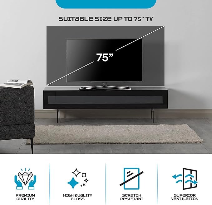 SONOROUS ST-360 Premium TV Stand for Living Room – Modern TV Stands & Entertainment Center with Storage – Black Wood & Black Glass Cover – Luxury Media Console with Metal Legs for TVs up to 75 inches
