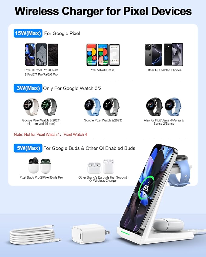 NANAMI Wireless Charger for Google - 3 in 1 Wireless Charging Station Fast Charger Stand Dock for Pixel 9/9 Pro XL/Fold/8/7Buds Pro 2/Pro Watch 3/2Fitbit Versa 4/Sense 2(Not for Pixel Watch 1/4)