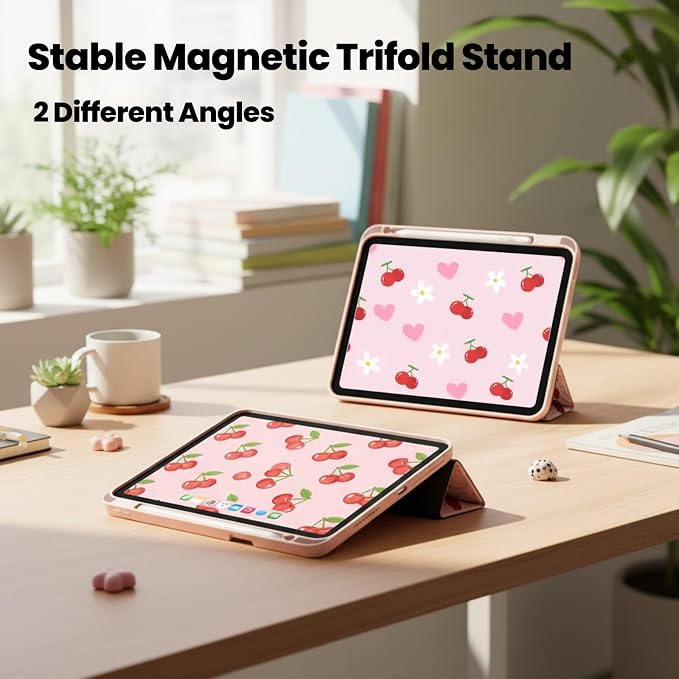 for iPad A16 11 Inch 2025 /for iPad 10th Generation 10.9 Inch 2022 Cute iPad Black Case with Pencil Holder-[Auto Wake/Sleep] Trifold Stand Soft TPU Protective Cover Pink Bows