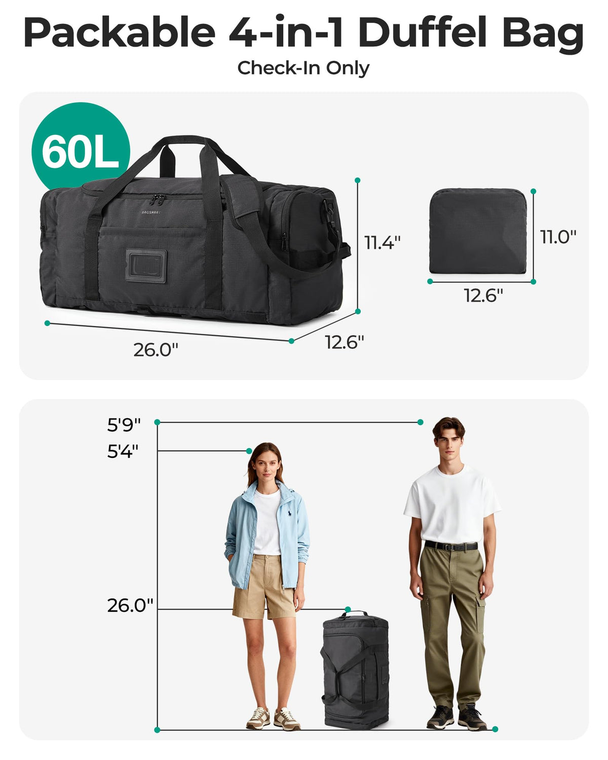 BAGSAMRT 60L Foldable Duffle Bag for Travel, Large Travel Duffel Bag for Men, 4 in 1 Travel Backpack, Carry on Weekender Bag, Gray