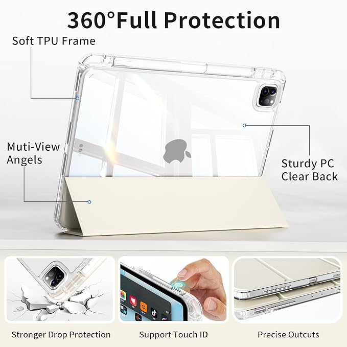 Clear Case for New iPad Pro 11 Inch Case M5/M4 2025/2024 (6th/5th Generation) Slim Shockproof TPU Cover with Pencil Holder Multi-Angle Stand &amp Auto Wake/Sleep (Black)