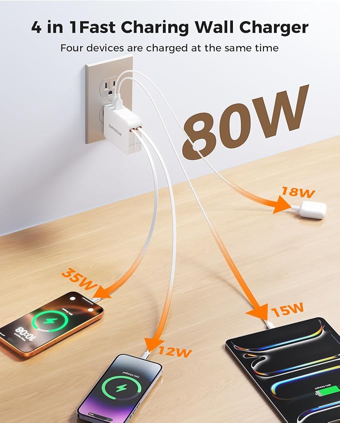 SUPERONE 4 in 1 Retractable Wall Charger with Dual USB C Cables 78W Fast Charging iPhone 17 Retractable USB C Charger with Dual Ports for iPhone 17 Pro Max/16/15/14/13/12 Pad Galaxy Pixel