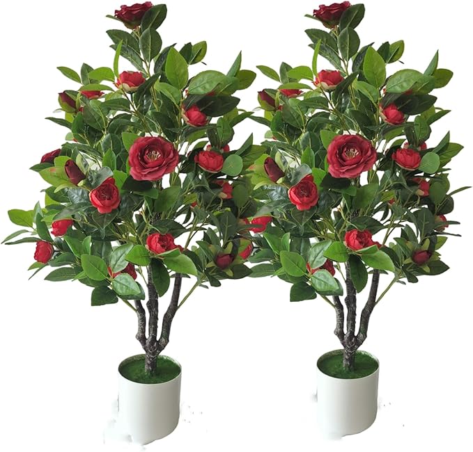 Artificial Camellia Tree 35in Faux Floral Plant with Red Flowers and Green Leaves - No Maintenance Indoor Outdoor Office Home Porch Decor Housewarming Gift(2 Pack - RED)