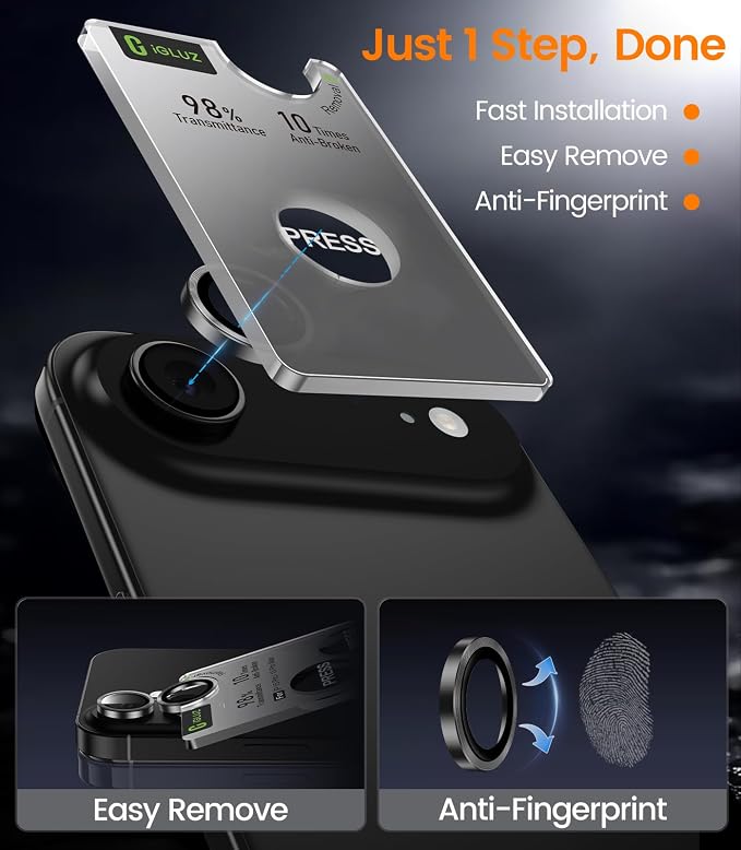 iGluz 2 Pack Anti-Reflection Camera Lens Protector for iPhone 17/16/16 Plus [98% Transmittance][1-Step Installation][Strong Adsorption] 9H Shatterproof Tempered Glass-Black