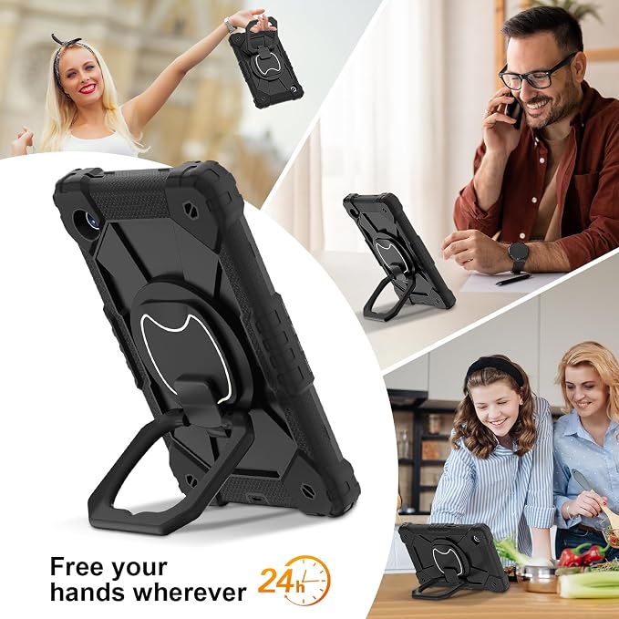 for Samsung Galaxy Tab A9/A11 8.7-Inch 2023/2025 Case.【NO A9+ Plus】 360 Rotating Stand Shoulder Strap Heavy Duty Shockproof Protective Silicone Case (Black)