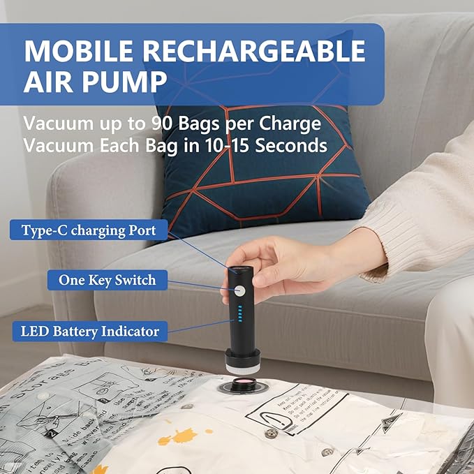 NESCCI Travel Vacuum Bags for Clothing with Rechargeable Wireless Air Pump,18 Pack Compression Seal Packing Bags for Luggage Suitcase,Carry-on Size Space Saver Vacuum Storage Bags