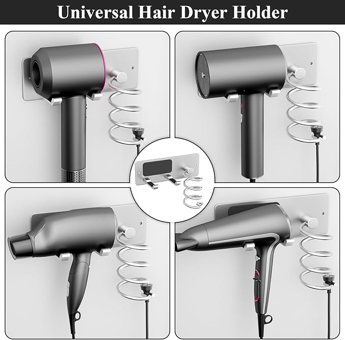 Tindbea Hair Dryer Holder + Curling Iron Holder,Blow Dryer Holder Wall Mount, Bathroom Hair Tool Organizer Rack for Universal Dryer Silver Color