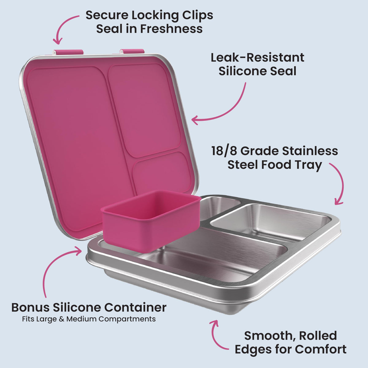 Bentgo Kids Stainless Steel Leak-Resistant Lunch Box - 3-Compartments with Bonus Silicone Container, Durable, Eco-Friendly, Dishwasher Safe, BPA-Free, Ideal for School, Ages 3+ (Fuchsia)