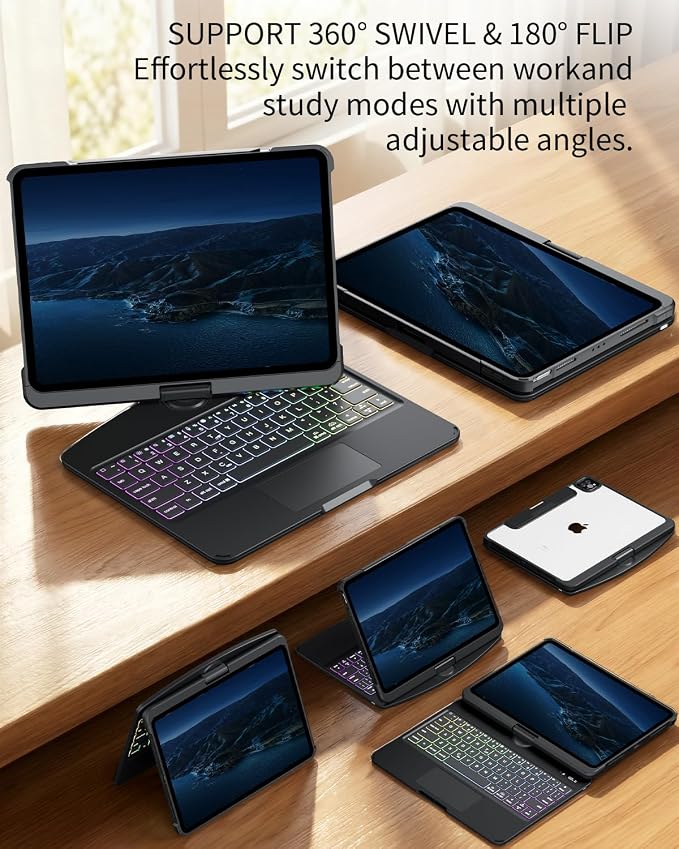 360°Rotation Bluetooth Keyboard Case for iPad 11th Gen（A16）10th 10.9 inch | iPad keyboard case 11/10th generationTouchpadKeyboard Battery Level Visualization360° rotateand 180° flip7-color backlit