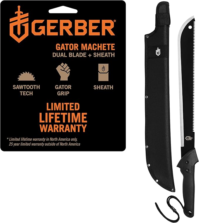 Gerber Gear Gator Machete 25" with Plain Edge Blade and Saw, Gator Grip and Protective Sheath for Gardening, Survival, Hunting, Camping and Bushcraft, Black