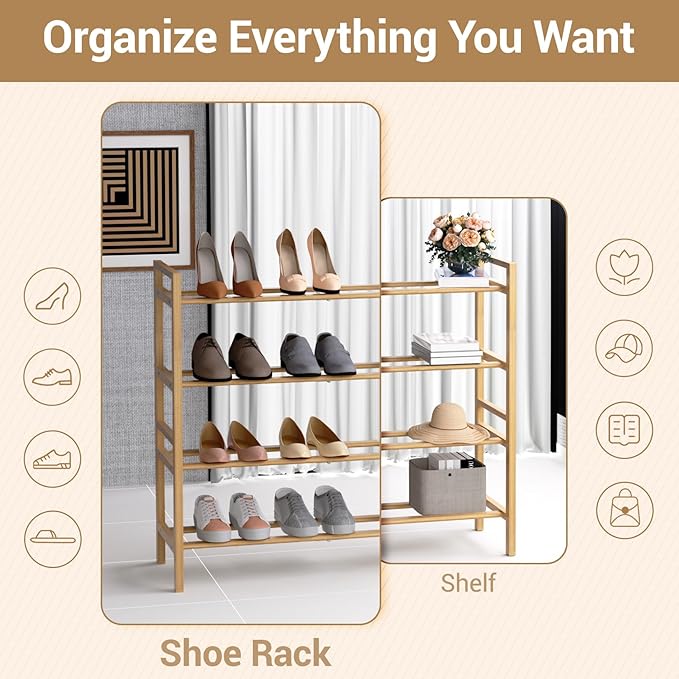 Haddockway Bamboo Shoe Rack for Closet, Free Standing Shoe Organizer with Smooth Round Rods & Convenient Handles, Stackable Shoe Storage Shelf for Entryway, Hallway(Natural, 4-Tier)