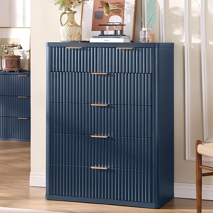 LEYAOYAO Fluted 6 Drawers Dresser for Bedroom Set of 2, 42" Tall Modern Chest of Drawers with Metal Handle, Curved Profile Design,Blue Wood Drawer Organizer for Bedroom, Living Room, Hallway