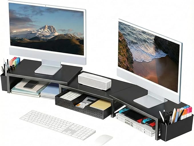 OPNICE Desk Organizers and Accessories, Dual Monitor Stand Riser with Drawer and 2 Pen Holders, Desk Shelf Metal Computer Racks for Office Workspace Organizers, Desktop Organization (Black)