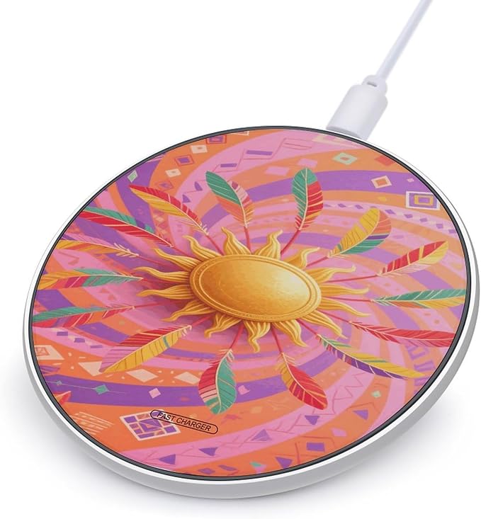 Retro Boho Sun Wireless Charger with USB CableAluminum Alloy Frame 10W Max Compatible Fast Wireless Charging Pad- 3.2ft Cable Included for Travel Home Office Desk