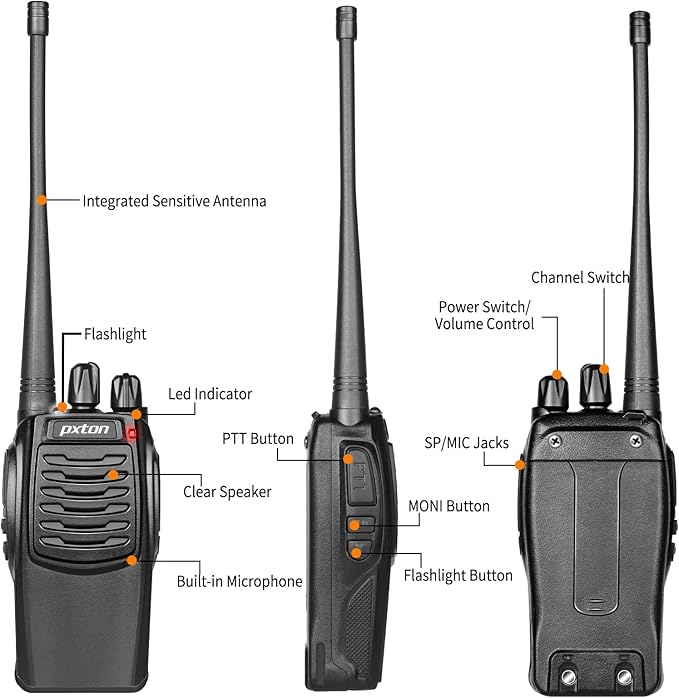 pxton S1 walkie talkies for Adults with earpieces and Rechargeable 1500mAh Li-ion Battery，walkie Talkie has VOX，TOT，Emergency Alarm，Battery Low Alert，Flashlight，Scan Function（2 Pack）