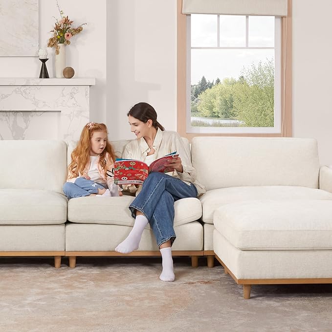 CHITA Super Large Luxury L Shape Convertible Sectional Modular Sofa, Down Filled Modern Sofa with Ottoman, Deep Seat Cloud Couch, 118 inch Width, 4 Seat Couch with Solid Wood Leg, Linen