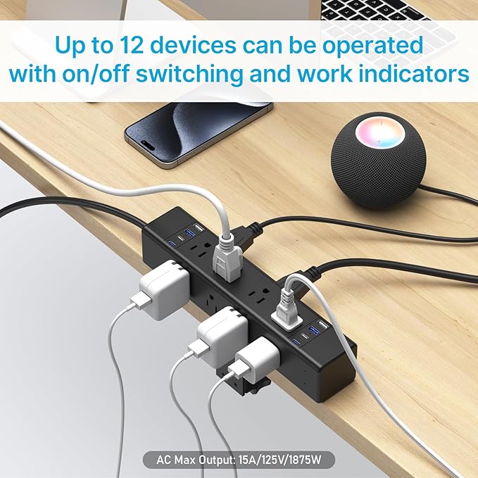CCCEI Desk Outlet Station 20W USB C Port. 12 Outlet Desktop Clamp Power Strip Surge Protector 4800J with Switch. Nightstand Office Standing Desk Accessories Fit Thicker Table Edge or Screw Mount, 10FT
