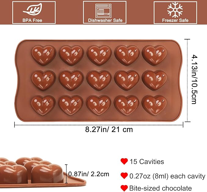 Dacthuw Heart Chocolate Molds Silicone, Small Gummy Molds Shaped Heart for Fondant/Fruit Snacks, Candy Molds Silicone for Valentine/Anniversary/Wedding, Wax Melt Molds 15 Cavities, 8 ml