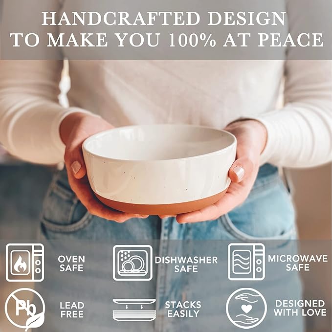 Mora Ceramic Flat Bowls Set of 4-25 oz- For Soup, Salad, Rice, Cereal, Breakfast, Dinner, Serving, Oatmeal, etc - Microwave, Dishwasher and Oven Safe Bowl for Eating and Kitchen- Vanilla & Charcoal