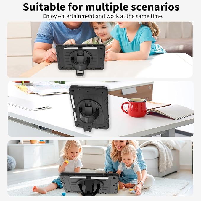Case for iPad 9th/8th/7th Generation10.2 Shockproof 360 Rotating Stand Shoulder Hand Strap with Pencil Holder for iPad 10.2 inch 2021/2020/2019 Case (Black)