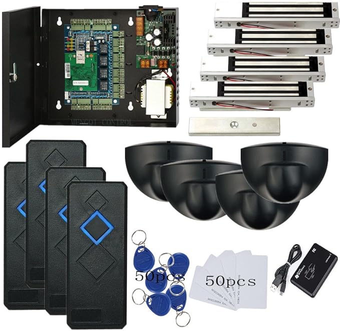 MENGQI-CONTROL Request to Exit PIR Motion Sensor 4 Doors Network RFID Access Control 600 LBS Magnetic Lock 110-240V Power Supply Box RFID Reader Keyfobs/Cards APP remotely Open Door