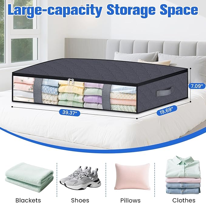 TasticTotes Under Bed Storage Containers, 4 Pack Blanket Storage Bags, Collapsible Storage Bags with Big Zippers, Clear Front, Shoe Storage and Organization for Clothes, Comforter, 90L, Grey
