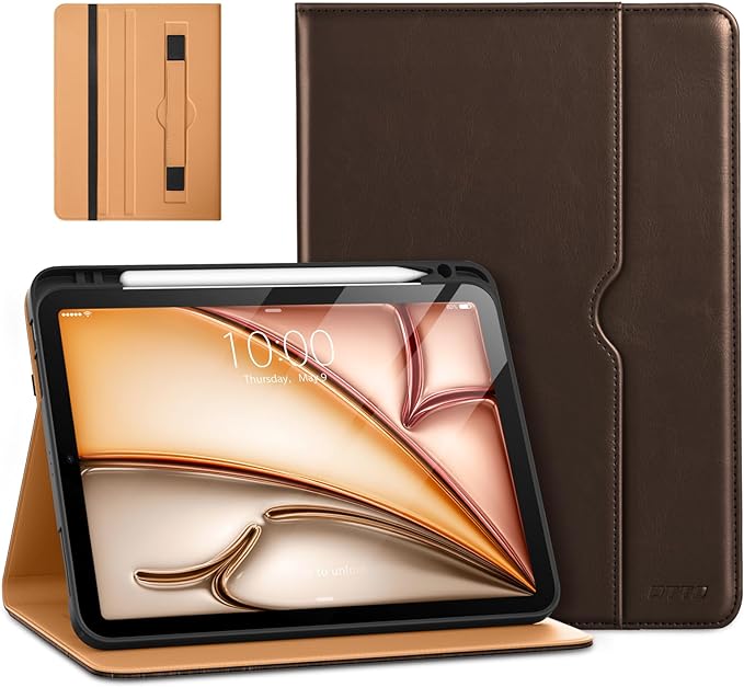 DTTO for iPad Air 11-inch Case M4/M3/M2 (2026/2025/2024) iPad Air 5th / 4th Generation (2022/2020) Premium Leather Business Folio Stand Cover with Pencil Holder - Auto Sleep/Wake Brown
