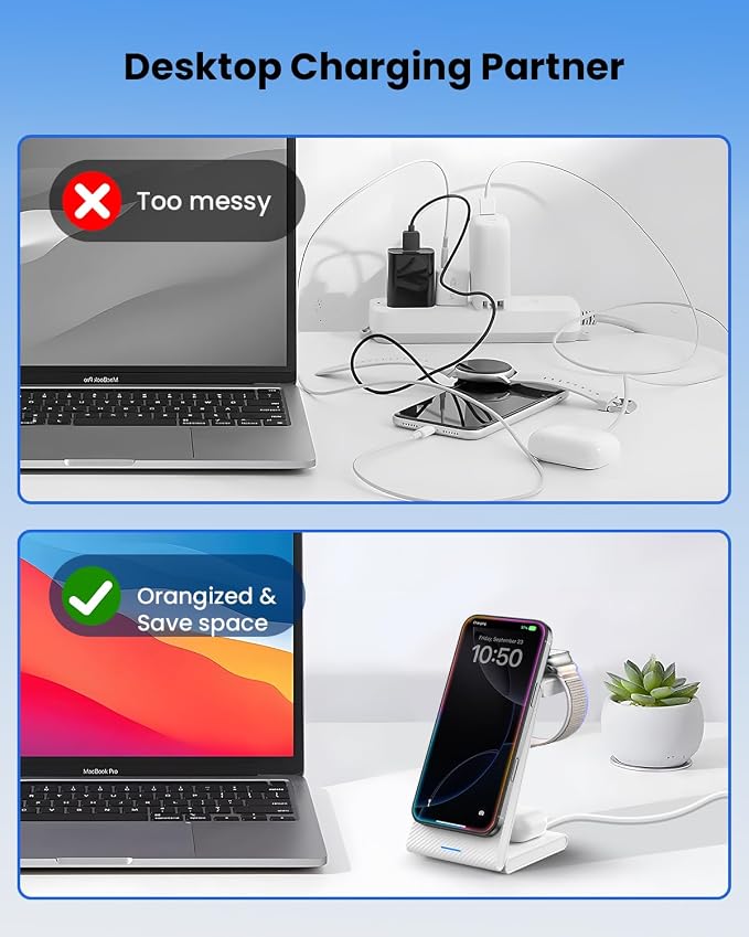 Wireless Charger Stand CIYOYO 3 in 1 Fast Wireless Charging Station Dock for Apple Watch 11/9/8/7/6/SE/5/4/3/2 Airpods 3/2/Pro iPhone 17/16/15/14/14 Plus/14 Pro Max/13/13 Pro/12/12 Pro/SE/X/XR/XS/8