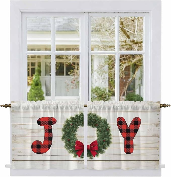 Christmas Wreaths Kitchen Tier Curtains 24 Inch Long 2 Panel Set, Rod Pocket