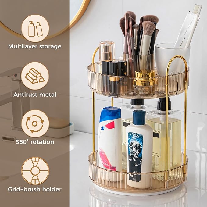 360° Rotating Makeup Organizer, Upgraded 2 Tier Skincare Perfume Organizers for Women, Bathroom Organizer Countertop, Clear Cosmetic Dresser Organizer with Makeup Brush Holder, Sink&Counter(Amber)