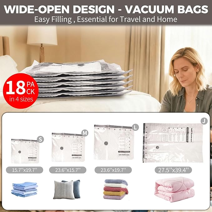 FIRRAX 18 Pack Vacuum Storage Bags with Rechargeable Electric Air Pump (6J+3L+6M+3S), Space Saver Vacuum Sealer Bags for Clothing, Blankets, Bedding, Comforters and Pillows