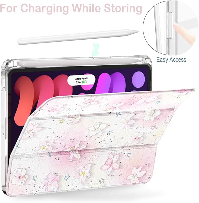Feams Case for iPad mini 7 A17 Pro 2024/iPad Mini 6 2021 Slim Lightweight Trifold iPad mini 7 A17 Pro Case 8.3 Inch 2024 Clear Back Cover with Pencil Holder &amp Auto Sleep Blue Bow