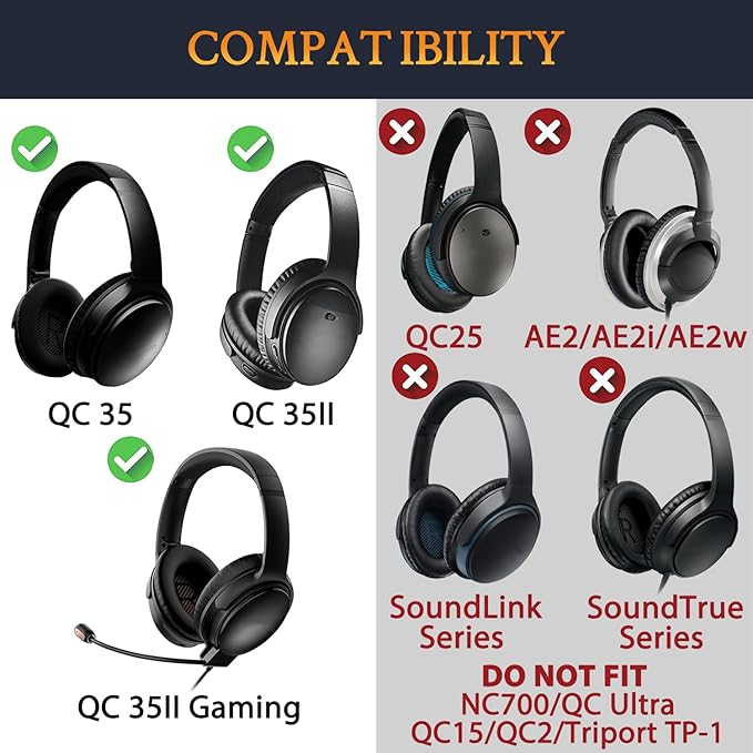 SOULWIT Ear Pads Cushions + Headband + Silicone Earpads Cover Protector, Replacement Kit for Bose QuietComfort 35 QC35, QC35 ii Over-Ear Headphones - Black Gold