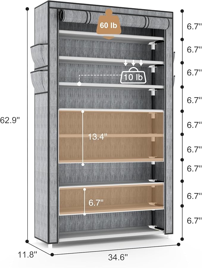 Shoe Rack with Cover Narrow Shoe Organizer with Pockets 10 Tier Tall Shoe Storage Holds 36-41 Pairs Shoes and Boots Shoe Rack for Closet Entryway Garage, Printing