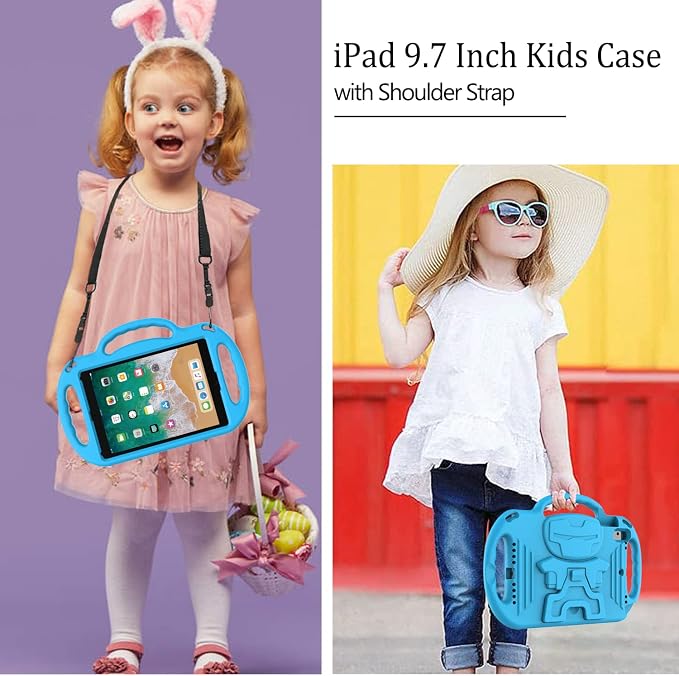LTROP Kids Case for iPad 5th/6th Generation (2017/2018) &amp Air 2 Shoulder Strap Handle Stand Shockproof Bumper Cute Kid Case for iPad 9.7 Inch Black