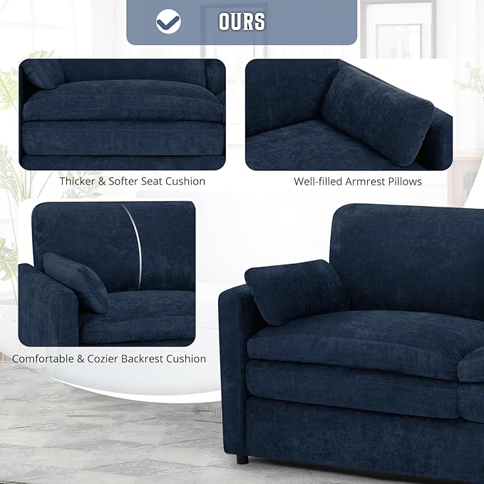 69" Chenille Modern Couch with Cozy & Soft Backrests, 2 Seats Sofa with 2 Extra Pillows, Comfy Upholstered Sofa with Thicker Cushions for Living Room, Office, Blue