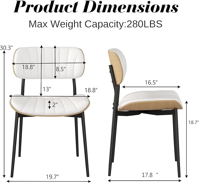 Modern PU Leather Dining Room Chairs Set of 6, Upholstered Kitchen Chairs with Curved Wood Backrest and Metal Legs Adjustable Feet for Kitchen Dining Room(White)