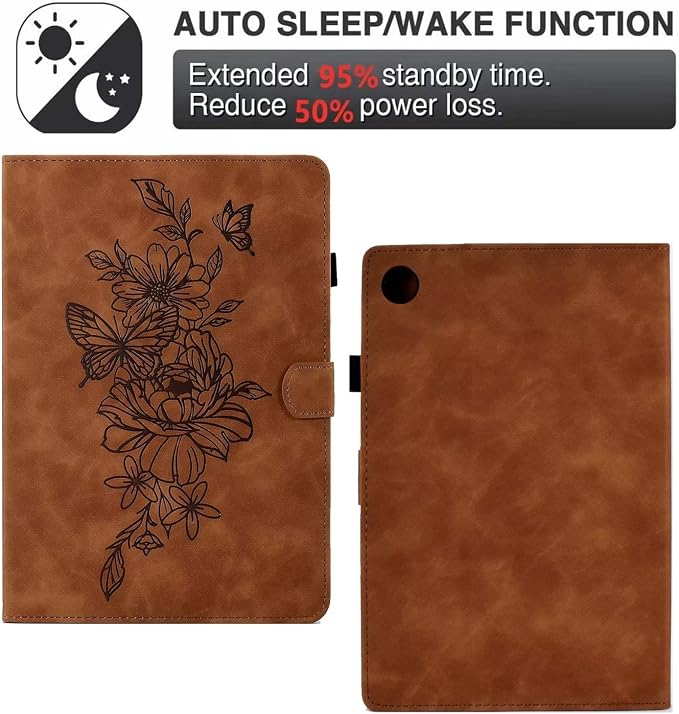 Case for Samsung Galaxy Tab A9 8.7 Inch 2023 (SM-X110/X115/X117) Suede Embossed Flower Flip Stand Protective Shell with Pen Holder &amp Card Slot No Smart Auto Wake/Sleep Function Brown