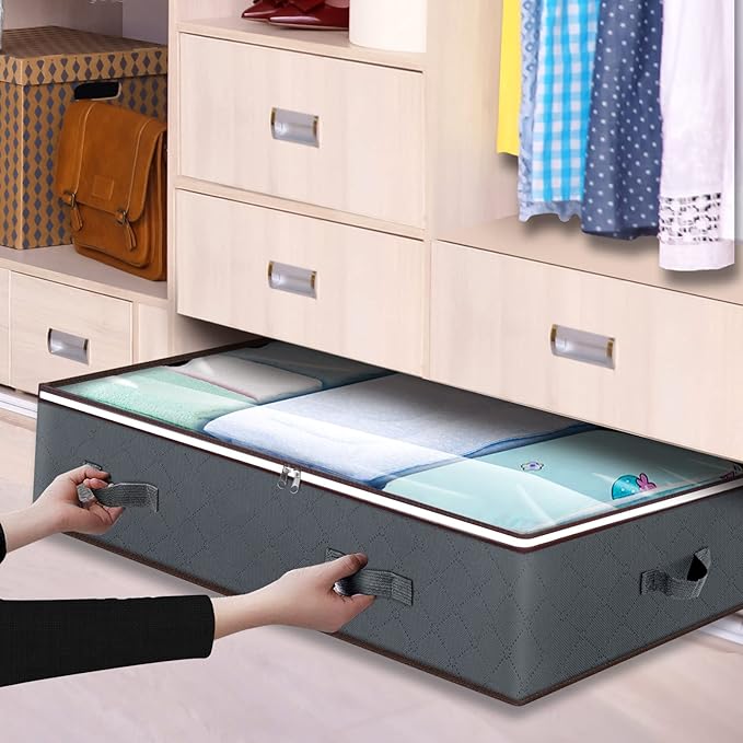 90L Under Bed Storage Containers, Large Capacity Underbed Storage Bags Organizer, Thick Fabric Storage Bins with Clear Window and Reinforced Handles for Blanket Comforter Bedding Clothes, 8 Pack