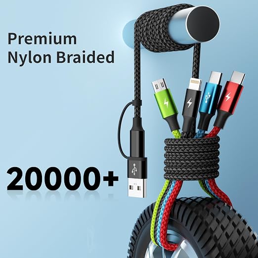 4 in 1 Multi Charging Cable 2 Pack 6FT Charging Cords for Devices | Nylon Braided USB C Car Charger Cable with Dual USB-C IP &amp Micro Ports Long Travel Charging Cord for Cars