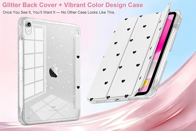 MEEgoodo Case for iPad A16 11th Generation 2025/10th Generation 2022 Glitter Tablet Cases with Transparent Acrylic Back+Trifold Stand +Pencil Holder+Auto Wake/SleepAbstract Sun &amp Palm Tree
