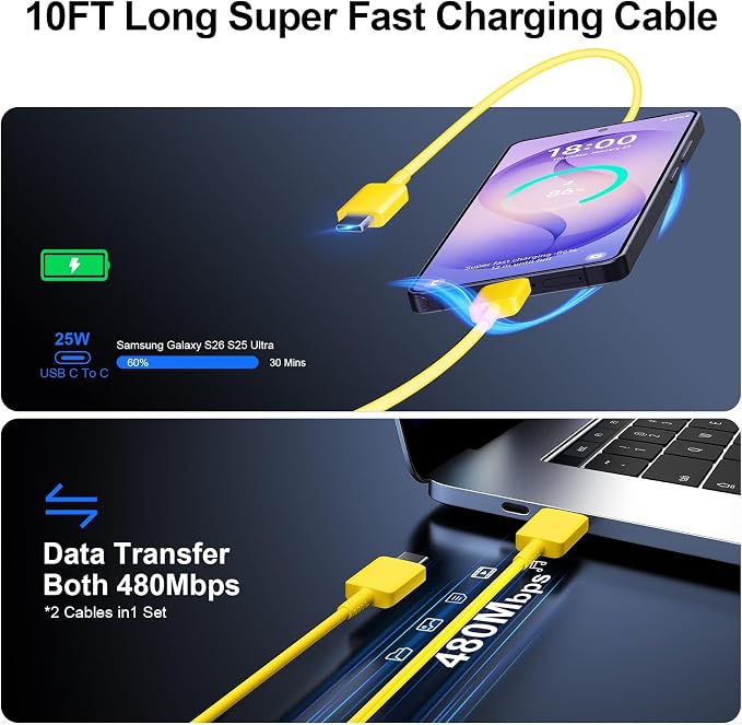 Super Fast Charger Type C 25W USB C Wall Charger Fast Charging for Samsung Galaxy S26 Ultra/S26/S26+/S25 Ultra/S25/24 Ultra/S24/S23 Ultra/S22 Ultra with 10FT Long Android Type C Charger Cable 2Pack