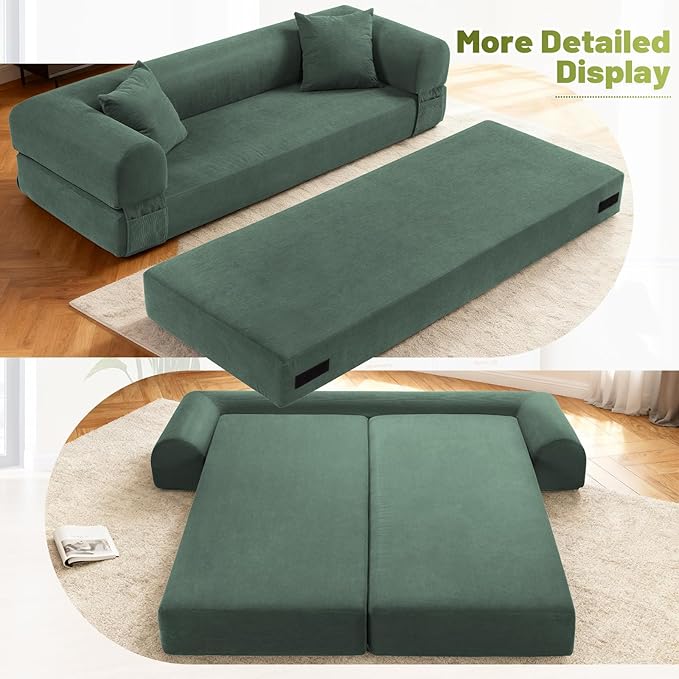 Convertible Folding Sofa Bed,80" Pull Out Couch with Pillows & Storage Pocket,Modular Futon Bed Corduroy Queen Sleeper Sofa in a Box,Compression Boneless Couch for Living Room,Light Green