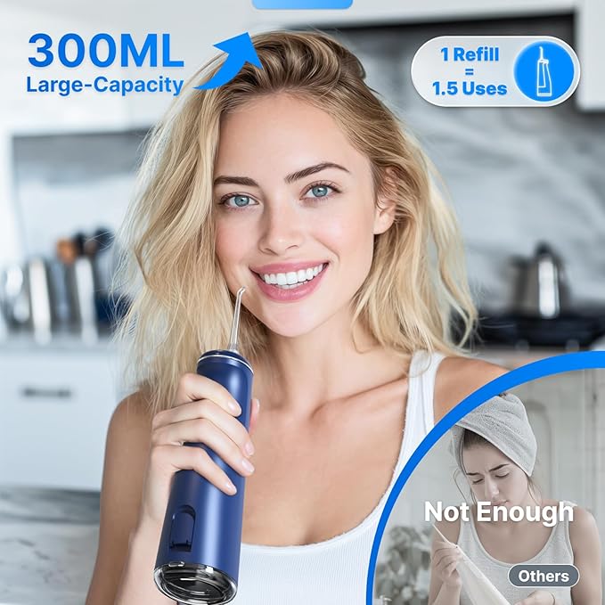 Water Flosser for Teeth, Cordless Oral Irrigator Portable Dental Cleaner Picks with 8 DIY Modes 7 Jets 300ml Tank Braces Flossers Rechargeable (Blue)