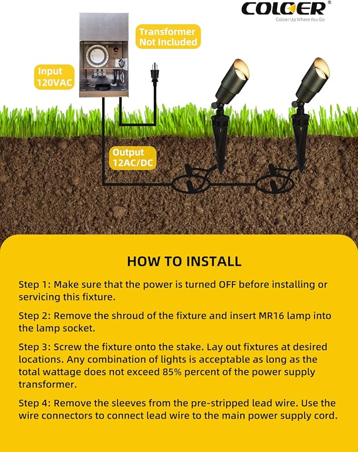 COLOER Die-cast Brass Landscape Spotlights Outdoor, 12V AC/DC Low Voltage LED Garden Landscape Lighting, IP65 Waterproof Outdoor Uplighting (101B,Bronze,12-Pack Without Bulb)